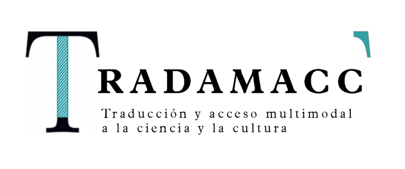Logo del grupo TRADAMACC (Traducción y acceso multimodal a la ciencia y la cultura) Logo minimalista. El texto TRADAMACC va en negro sobre fondo blanco, delimitado por el trazo vertical de la T y una comilla turquesas